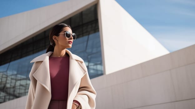 Fashionable portrait of stylish elegant woman against the minimalism design architecture of a modern art museum building