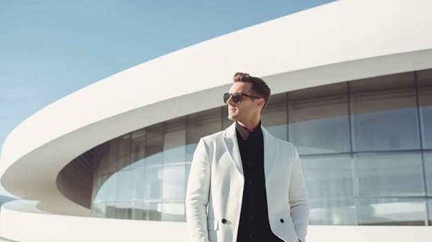 Fashion concept of successful stylish elegant man in white business suit looking away against the minimalism design architecture of a modern art museum building