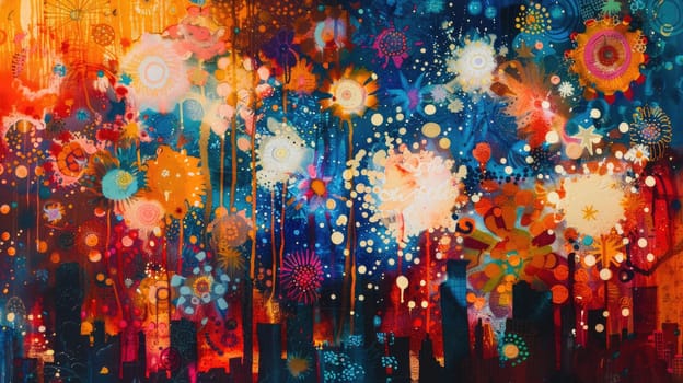 A stunning display of fireworks lighting up the night sky in the city. The blurry image captures the excitement and entertainment of a midnight holiday event AIG50