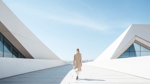 Rear view of fashionable concept stylish elegant woman walking against white minimalism design architecture of a modern art museum building, clear blue sky background