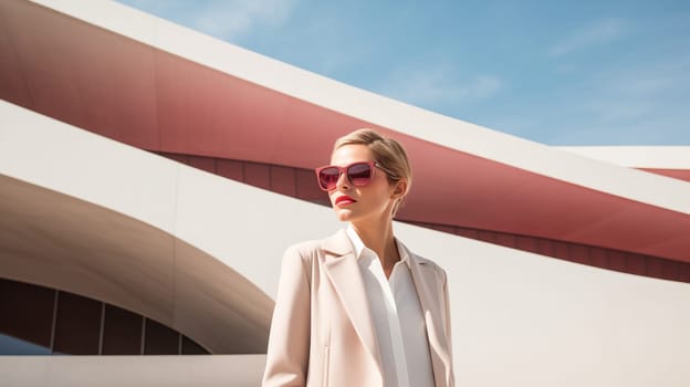 Fashionable portrait of stylish elegant woman against the minimalism design architecture of a modern art museum building