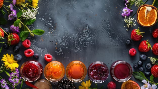 The table is adorned with a variety of colorful fruits and flowers, creating an artistic display of vibrant shades and sweet aromas AIG50