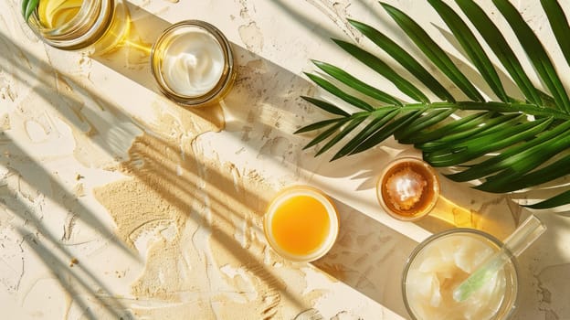 A variety of citrus fruits and green leaves are arranged on a yellow background, complemented by wooden tableware and serveware for a refreshing drink AIG50