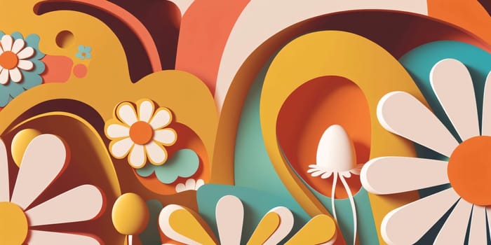 Abstract background design: Paper cut flowers and easter eggs on colorful background. 3d rendering