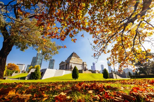 The Shrine of Remembrance and surrounding parklands and gardens during autumn at the Royal Botanic Gardens Victoria in melbourne, Victoria, Australia