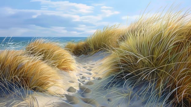 A natural landscape of tall grass stretching towards the horizon with the ocean in the background. Clouds float in the sky above the fluid water AIG50