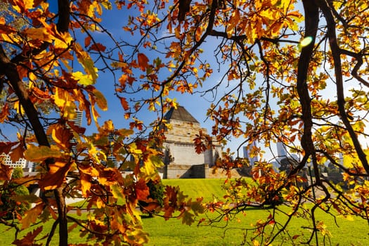 The Shrine of Remembrance and surrounding parklands and gardens during autumn at the Royal Botanic Gardens Victoria in melbourne, Victoria, Australia