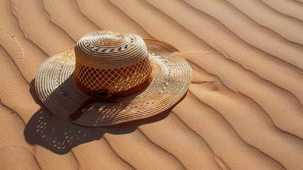 A straw hat rests on a sandy beach, blending in with the natural landscape composed of soil, wood, and aeolian landforms. Terrestrial animals and wildlife may be seen in this macro photography scene AIG50