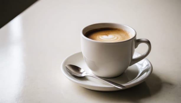 A hot cup of coffee on a saucer, set against a white background, casting a subtle shadow