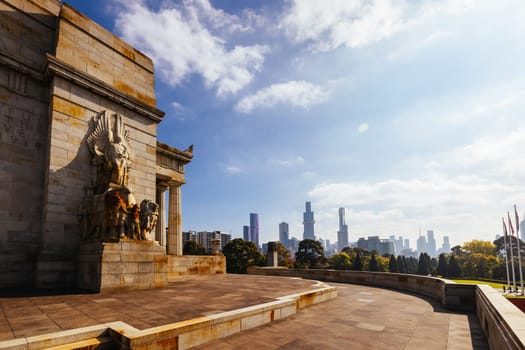 The Shrine of Remembrance and surrounding parklands and gardens during autumn at the Royal Botanic Gardens Victoria in melbourne, Victoria, Australia