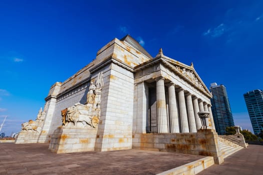 The Shrine of Remembrance and surrounding parklands and gardens during autumn at the Royal Botanic Gardens Victoria in melbourne, Victoria, Australia