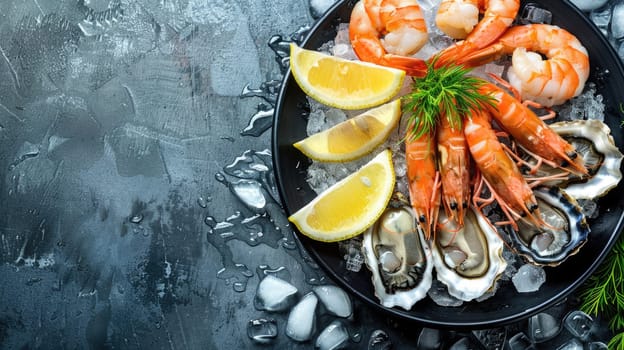 A bowl of oysters, shrimp, lemons, and ice sits on a table, ready to be enjoyed. This arrangement of fresh seafood and citrus is perfect for a refreshing seafood dish AIG50