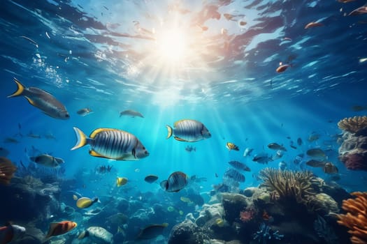Under water shot from sea bottom with fish. Underwater shot with sunrays and fishes in deep tropical sea