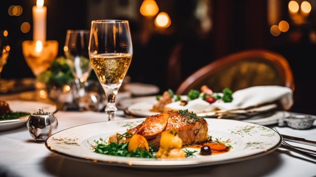 Luxury food service, main course served at a restaurant or formal dinner event in classic English style in the luxurious hotel or country estate, post-processed, generative ai
