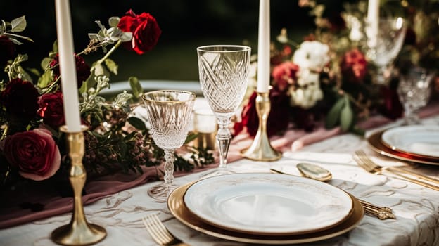 Wedding and event celebration tablescape with flowers, formal dinner table setting with roses and wine, elegant floral table decor for dinner party and holiday decoration, home styling idea