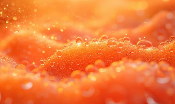 Close up of water droplets glistening on an orange surface.