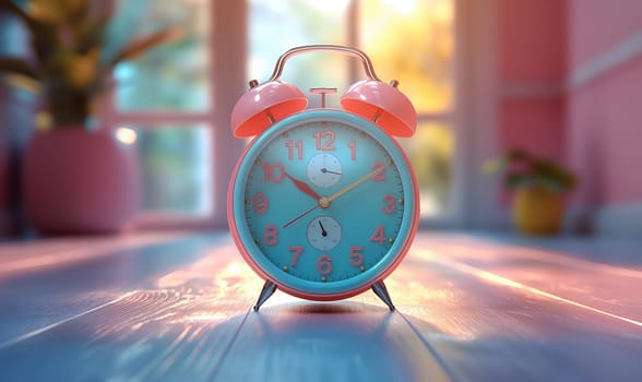 A blue alarm clock placed on a plain wooden floor.