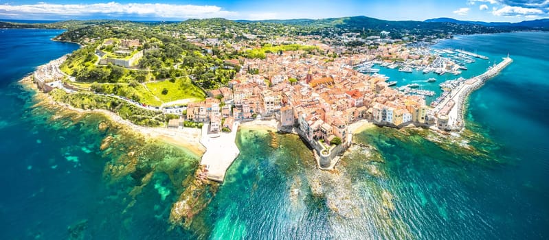 Saint Tropez village fortress and landscape aerial panoramic view, famous tourist destination on Cote d Azur, Alpes-Maritimes department in southern France