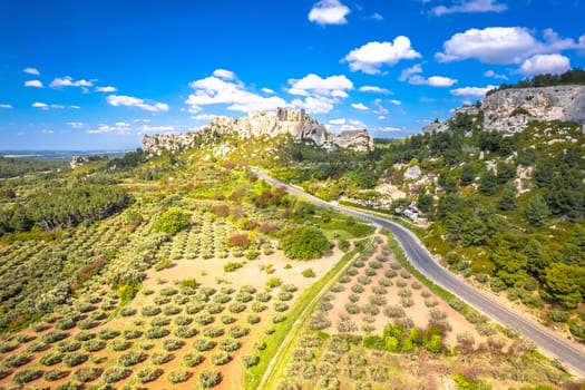 Les Baux de Provence scenic town on the rock aerial view, southern France