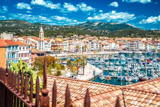 Town of Sanary sur Mer colorful waterfront view from the hill, south France