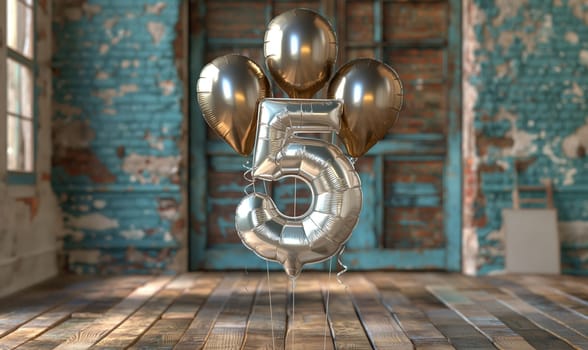 Collection of balloons resting on wooden surface.