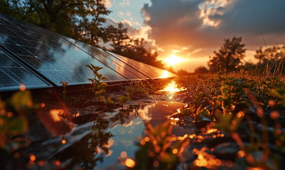 The sun sets low behind a modern solar panel installation.