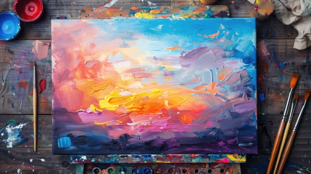 An art piece of a sunset displayed on canvas with paint tubes and brushes on a table. The colors include electric blue, resembling automotive exterior, against a building backdrop reflecting on water AIG50