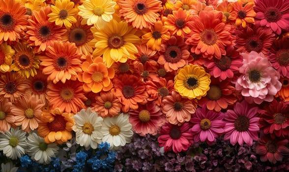 Various colored flowers arranged neatly in a row.