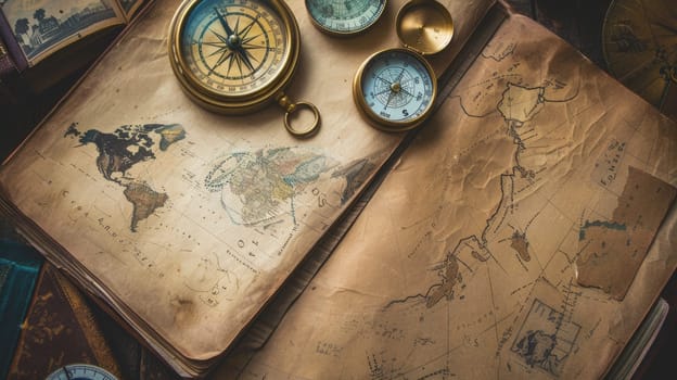 A wooden table displays an open book with a map, compass, and intricate circle pattern on the cover. The font, painting, and metal artifact add to the art facade AIG50