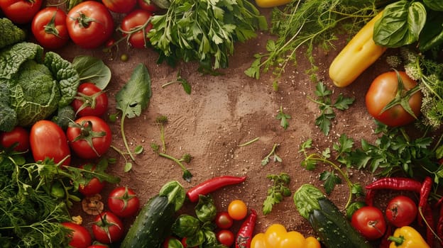The table is adorned with a variety of plants and flowers including vegetables and flowering plants. The assortment includes fruits, petals, and grass, creating a beautiful natural food landscape AIG50
