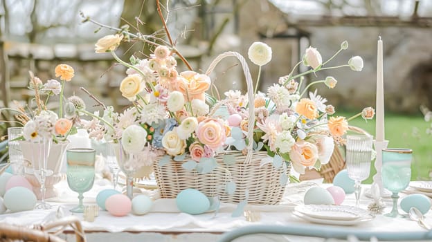 Easter tablescape decoration, floral holiday table decor for family celebration, spring flowers, Easter eggs, Easter bunny and vintage dinnerware, English country and home styling