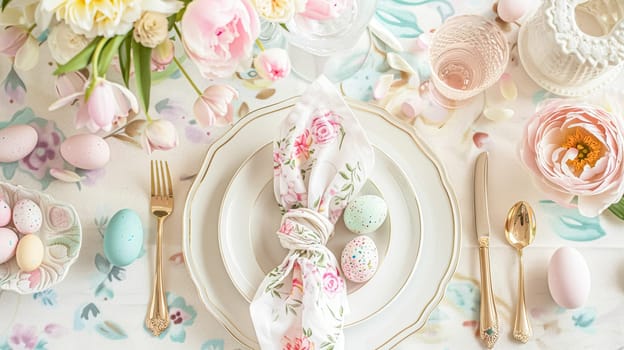 Easter tablescape decoration, floral holiday table decor for family celebration, spring flowers, Easter eggs, Easter bunny and vintage dinnerware, English country and home styling