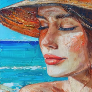 A close up of a womans face with a straw hat, showcasing her nose, cheek, skin, lip, chin, eyebrow, mouth, facial expression, eyelash, and lipstick AIG50