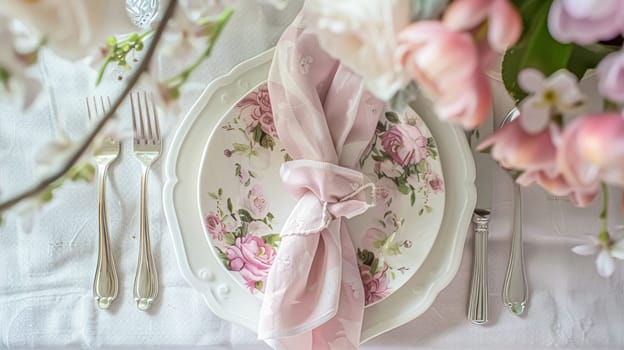 Easter tablescape decoration, floral holiday table decor for family celebration, spring flowers, Easter eggs, Easter bunny and vintage dinnerware, English country and home styling