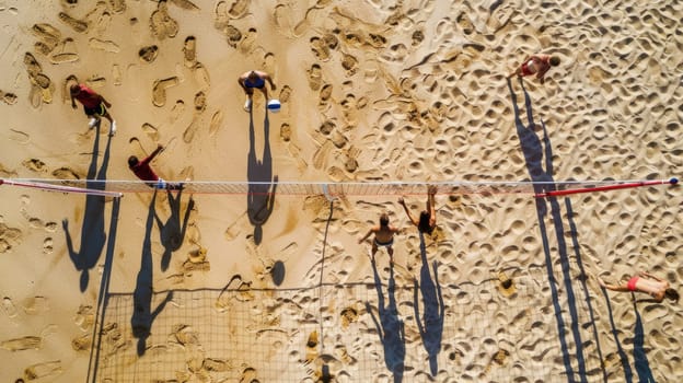 An artistic aerial shot captures people strolling on a beach, casting electric blue shadows on the sandy slope, creating a stunning pattern resembling terrestrial animal prints AIG50