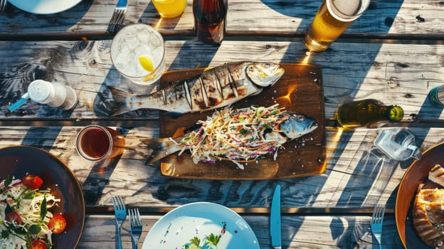 A rectangular wooden cutting board topped with grilled fish and lemon slices, beautifully displayed on a wooden table AIG50