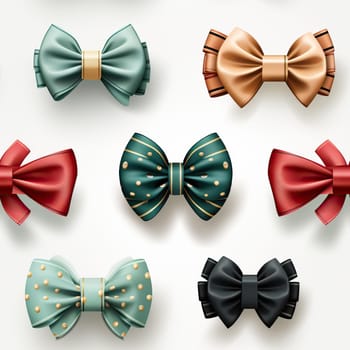 Various colored bows arranged neatly on a plain white background.