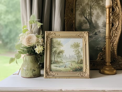 Charming vintage art frame in the elegant interior, wall and home decor