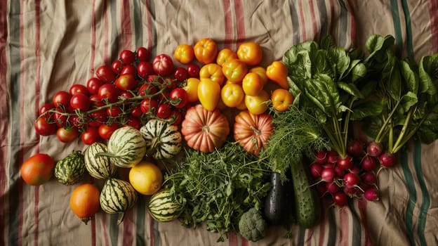 A variety of natural foods, including fruits and vegetables, are displayed on a table. These plantbased ingredients can be used in recipes to create delicious dishes AIG50