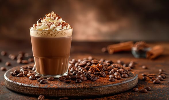 A cup of coffee topped with whipped cream and surrounded by coffee beans.