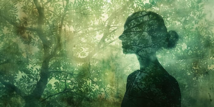 Silhouette of young attractive woman standing while the shadow merging in grass or nature. Beautiful energetic female shadow standing against calm green environment at garden or forest. AIG42.