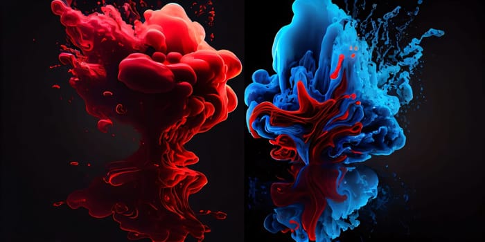 Abstract background design: Red and blue ink in water on a black background. 3d rendering