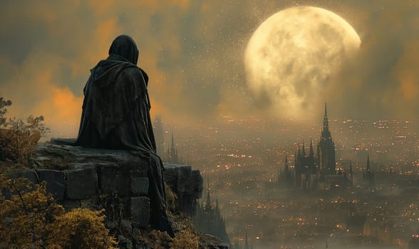 A man sits atop a cliff, gazing at a city below.