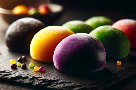 close-up of colorful soft mochi on a dark slate plate.