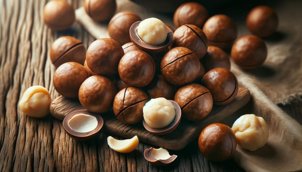 Macadamia nuts closeup on wooden table.