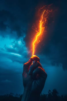 A hand holding a lightning bolt in the sky. Scene is intense and powerful