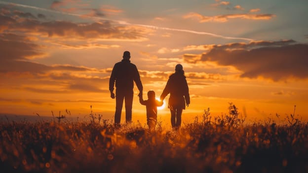 A family of three, a man, a woman and a child, are walking together in a field at sunset