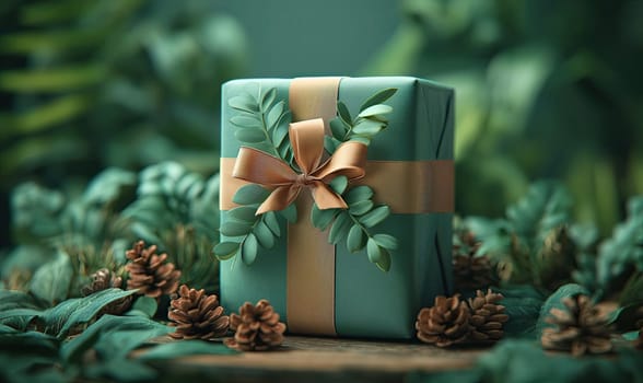 Festive decor and gifts on a green background. Selective focus.