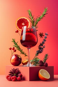 A glass of red wine is surrounded by fruit and herbs, creating a visually appealing and inviting scene