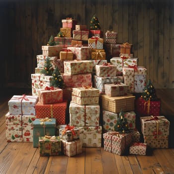 A stack of Christmas presents sitting on a hardwood floor, surrounded by festive decorations. The scene evokes anticipation for the holiday event of Christmas eve